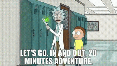 Rick And Morty Are Standing Next To Each Other In A Hallway Holding A Green Object . GIF