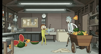 Rick And Morty In Kitchen With Watermelons GIF