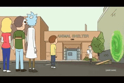 Rick And Morty Standing In Front Of Animal Shelter GIF