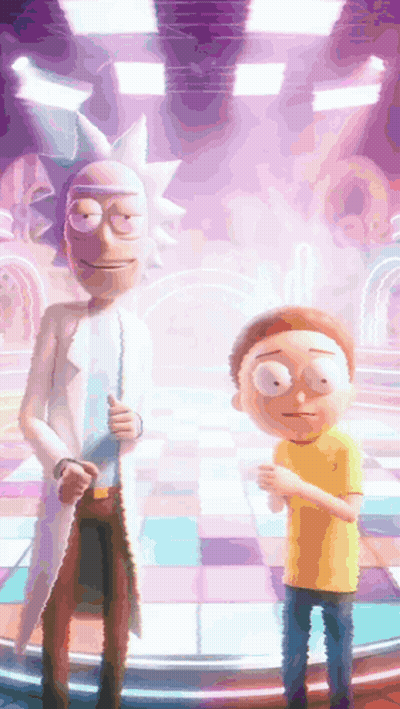 Rick And Morty Standing Next To Each Other On A Checkered Floor GIF