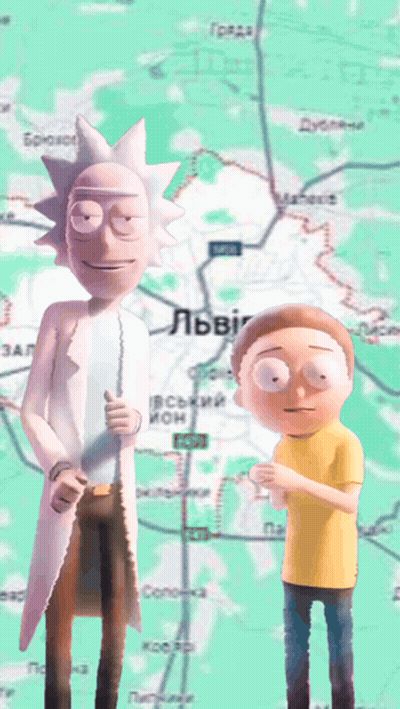 Rick And Morty Standing On Map Of Lviv GIF