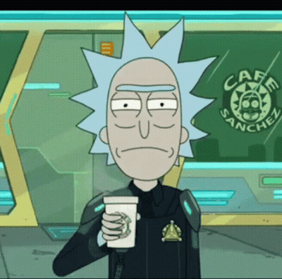 Rick From Rick And Morty Holding Coffee In Front Of Cafe Sanchez Sign GIF