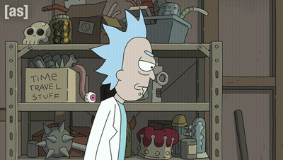Rick From Rick And Morty Is Standing In Front Of A Shelf Full Of Time Travel Stuff GIF
