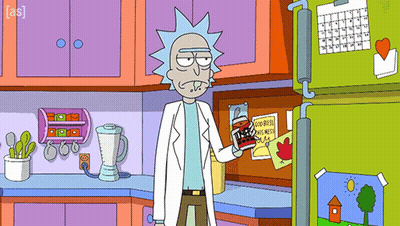 Rick From Rick And Morty Standing In Kitchen Holding Bottle GIF
