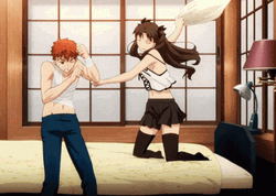 Rin Tohsaka Beating Shirou Emiya Using Pillow GIF