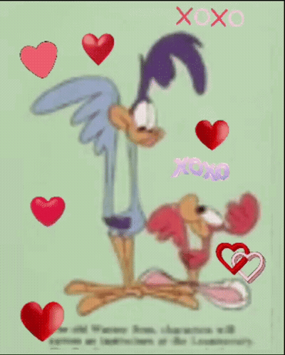 Road Runner And Coo Coo Surrounded By Hearts Saying I Love You GIF
