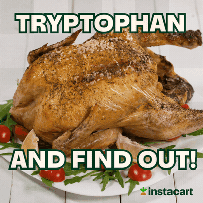 Roasted Chicken On Plate Saying Tryptophan And Find Out GIF