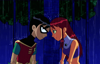 Robin And Starfire Looking At Each Other In Rain GIF