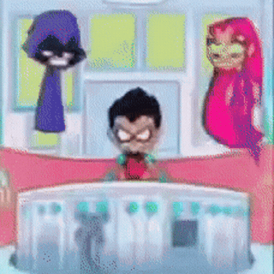 Robin Raven And Starfire Standing In Room GIF
