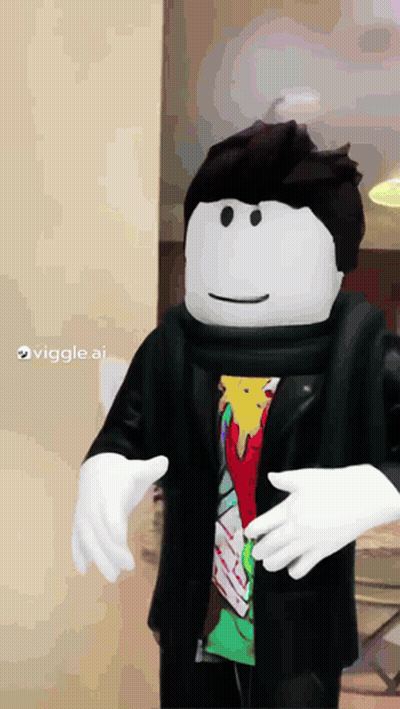 Roblox Character In Black Jacket With Pizza Shirt GIF