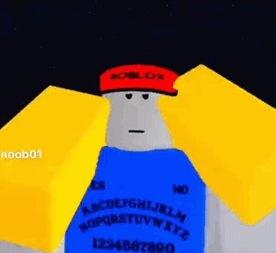 Roblox Character In Blue Shirt And Red Hat Holding Ouija Board GIF
