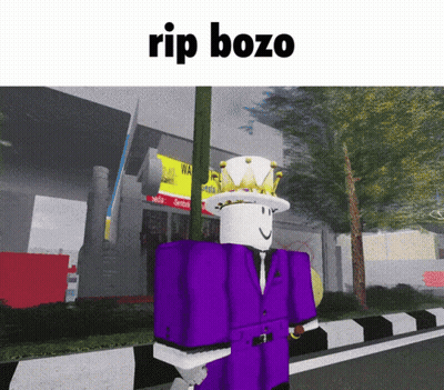 Roblox Character In Purple Suit And White Hat Saying Rip Bozo GIF