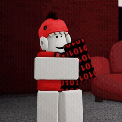 Roblox Character Red Hat Headphones Holding Olo Pillow GIF