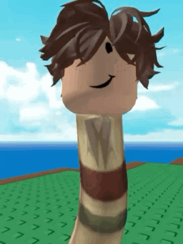 Roblox Character With Long Neck And Brown Hair On Green Field GIF
