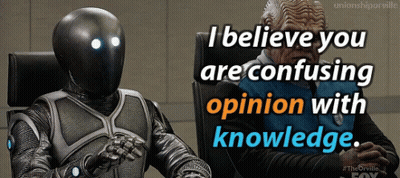Robot And Man Sitting I Believe You Are Confusing Opinion With Knowl GIF