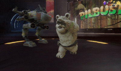 Robot And Teddy Bear In Front Of Pilbus Sign GIF