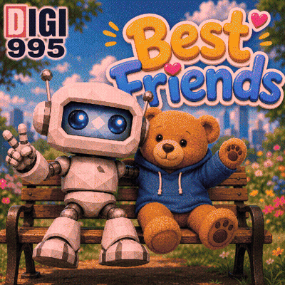 Robot And Teddy Bear Sitting On Bench Saying Best Friends GIF