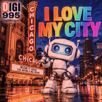 Robot At Chicago Sign Saying I Love My City GIF