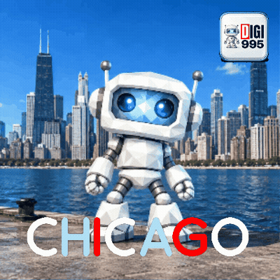 Robot At Chicago Skyline GIF