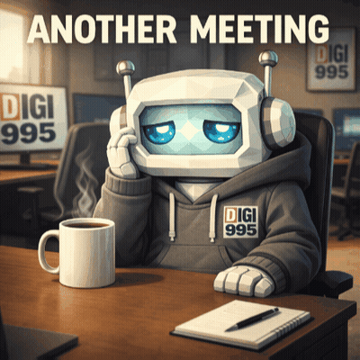 Robot At Desk With Coffee Notebook Another Meeting GIF