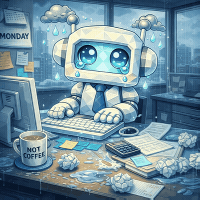 Robot at Desk With Coffee Saying Not Coffee
