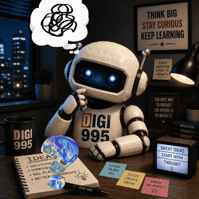 Robot At Desk With Digi 995 Mug GIF