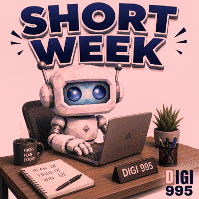 Robot At Desk With Laptop And Digi 995 Sign GIF