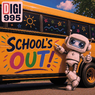 Robot at School Bus Saying School's Out