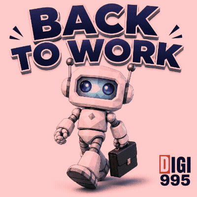 Robot Carrying Briefcase Walking Past Back To Work Sign GIF