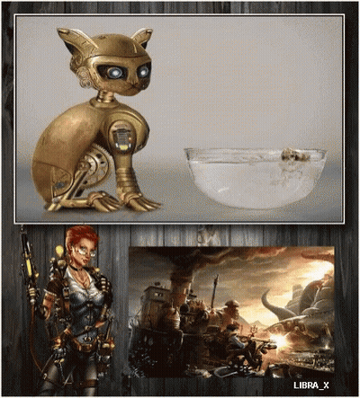 Robot Cat Beside Woman With Gun Libra_x GIF