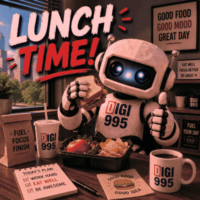 Robot Eating Sandwich In Front Of Lunch Time Sign GIF