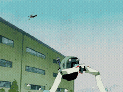 Robot Flying Above Building GIF