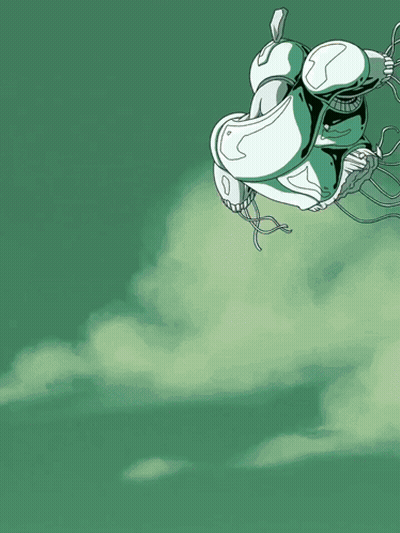 Robot Flying Through Air With Rock In Background GIF