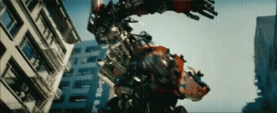 Robot Flying Through City GIF