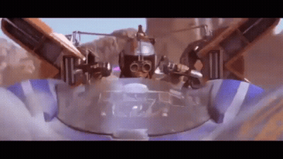 Robot Flying Through Futuristic Spaceship GIF
