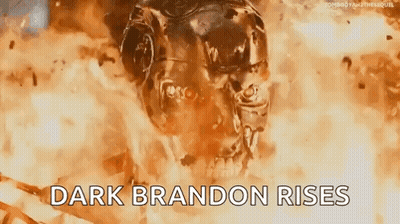 Robot Head In Flames Saying Dark Brandon Rises GIF