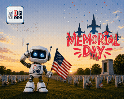 Robot Holding American Flag In Cemetery Saying Memorial Day GIF