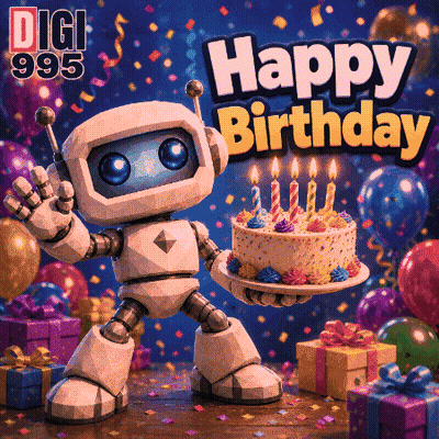 Robot Holding Birthday Cake Saying Happy Birthday GIF