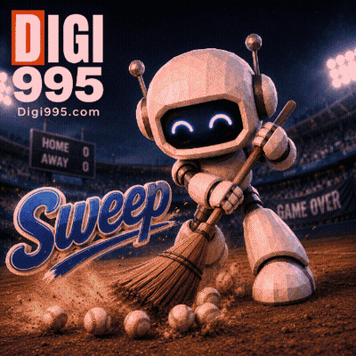 Robot Holding Broom In Front Of Digi 995 Sweep Sign GIF