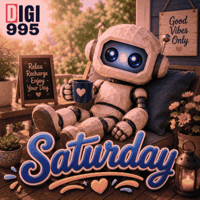 Robot Holding Coffee And Good Vibes Only Sign GIF