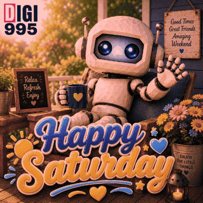 Robot Holding Coffee Happy Saturday GIF