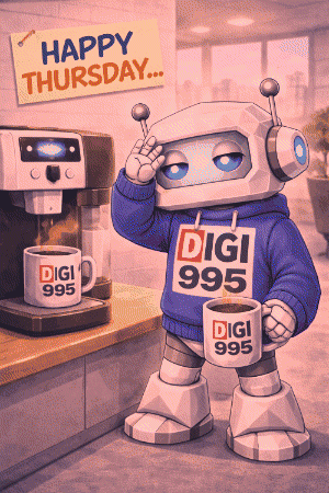 Robot Holding Coffee In Digi 995 Sweater GIF