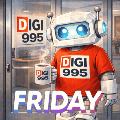 Robot Holding Coffee In Front Of Digi 995 Friday Sign GIF