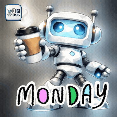 Robot Holding Coffee Saying Monday GIF