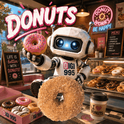 Robot Holding Donut Near Donuts Sign GIF