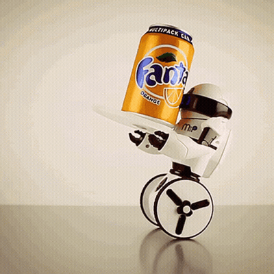 Robot Holding Fanta Orange On Tray GIF