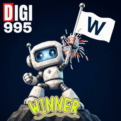 Robot Holding Flag With Fireworks Saying Winner GIF