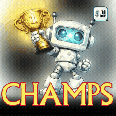 Robot Holding Gold Trophy Saying Champs GIF