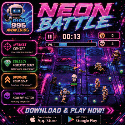 Robot Holding Gun Neon Battle GIF