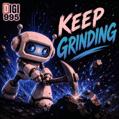 Robot Holding Pickaxe in Front of Keep Grinding Sign